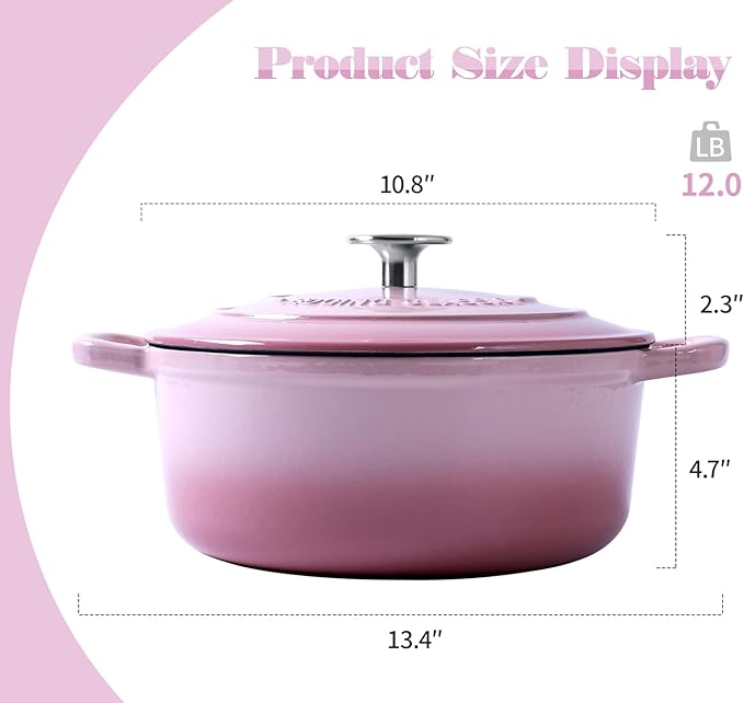 Enameled Cast Iron Covered 5.5 Quart Dutch Oven with Dual Handle, Dutch Ovens with Lid for Bread Baking, Pink