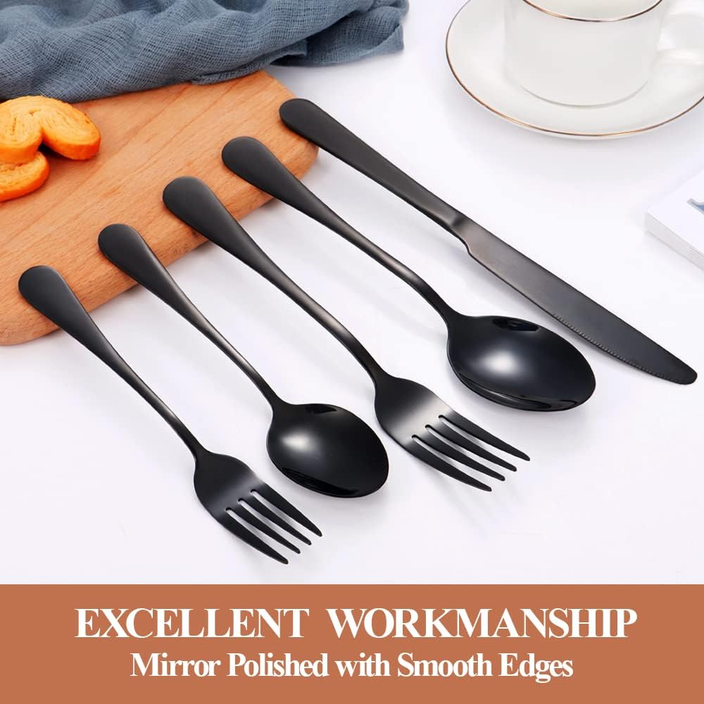 Lazycorner 40 Pcs Black Silverware Set for 8, Mirror Polished Flatware Set Stainless Steel Fork Knife Spoon, Food Grade Eating Utensils Sets, Reusable Silverwear Cutlery Set, Dishwasher Safe