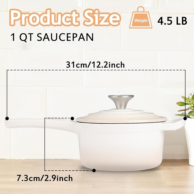 Enameled Cast Iron Sauce Pan, 1 Quart Enameled Saucepan with Lid, Mini Dutch Oven Enamel Saucepan for Cooking Pasta Sauce, Gravy, Puddings, Marinate, Boiling (Gradient Caramel)