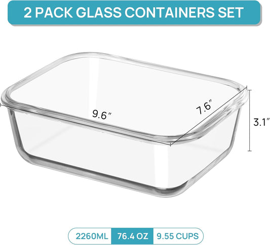 Vtopmart 2Pack 2260ml/ 76.4oz Large Glass Storage Containers with Lids, Meal Prep Food Container Set with Snap Airtight Lid for Baking, Microwave, Oven, Leak Proof, for Freezer, Dishwasher, Grey