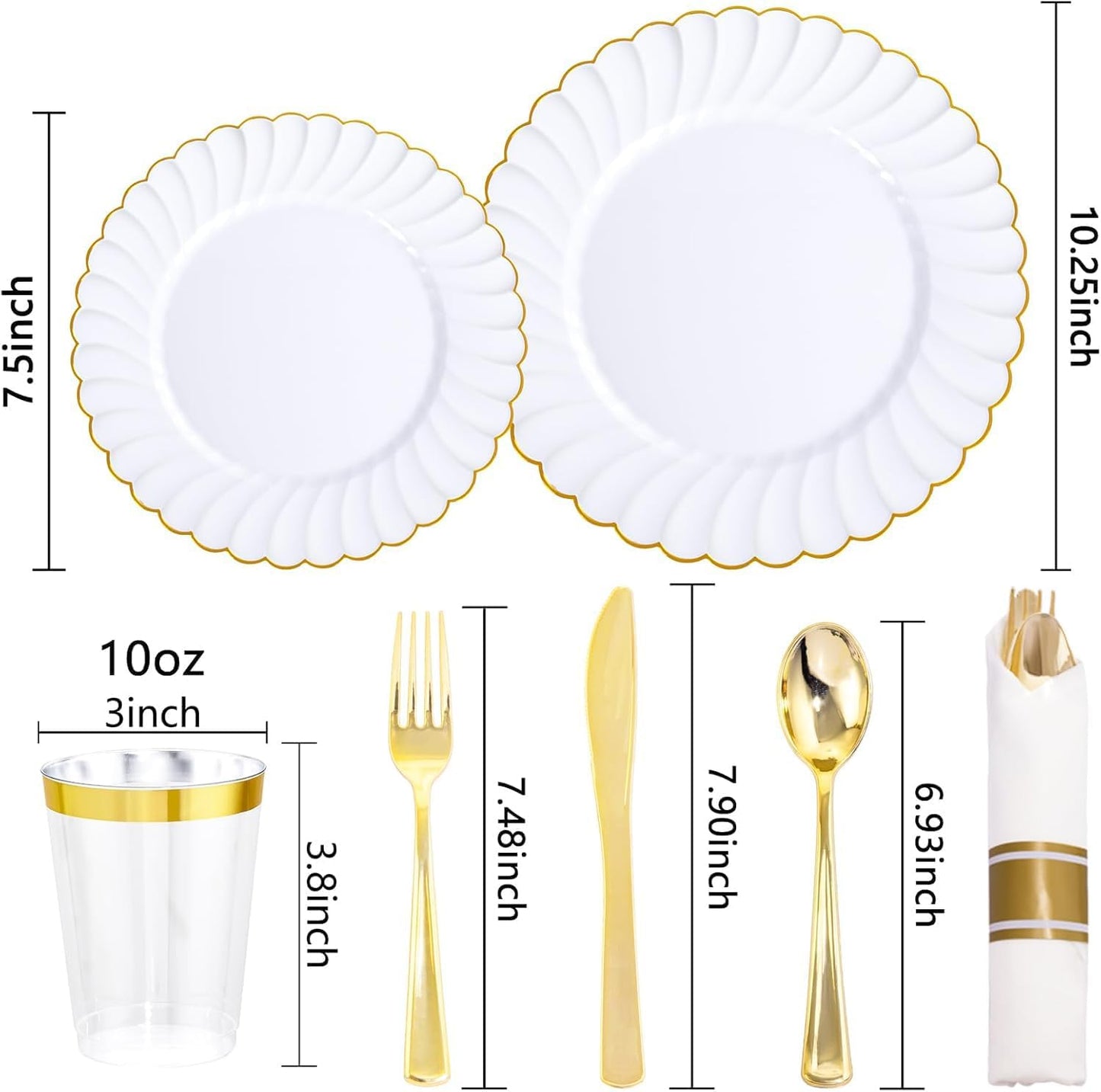 YOUBET 350PCS Gold Scalloped Plastic Plates - White and Gold Disposable Dinnerware Set Include 100 Plates, 150 Gold Silverware, 50 Cups, 50 Napkins for Wedding & Party & Thanksgiving