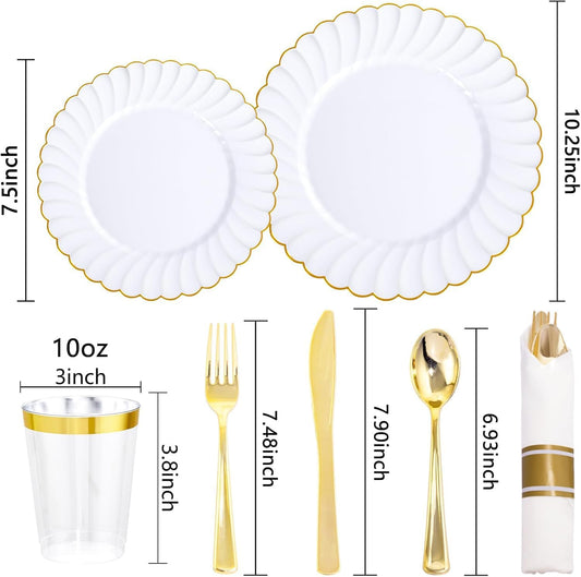 YOUBET 350PCS Gold Scalloped Plastic Plates - White and Gold Disposable Dinnerware Set Include 100 Plates, 150 Gold Silverware, 50 Cups, 50 Napkins for Wedding & Party & Thanksgiving