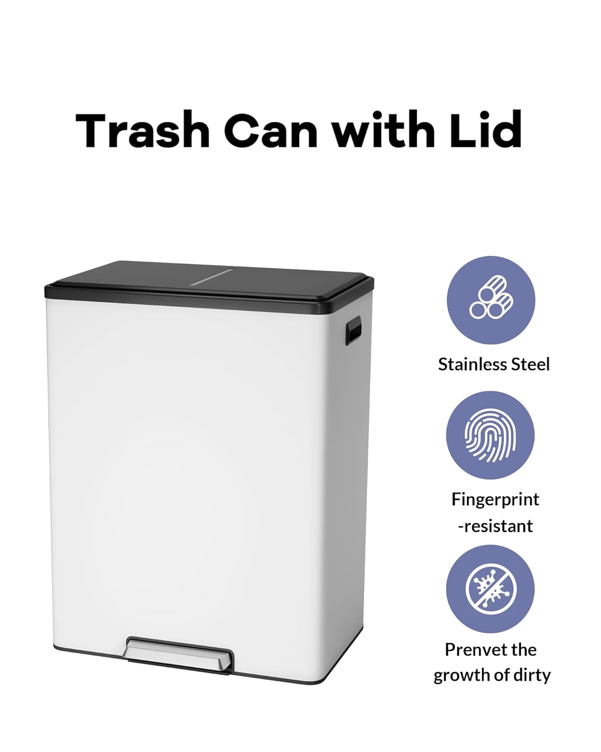 Garvee Dual Trash Can for Recycling and Trash, Stainless Steel Kitchen Trash Can with Lid and Foot Pedal, Double Compartment Garbage Can, with Recycling Bin