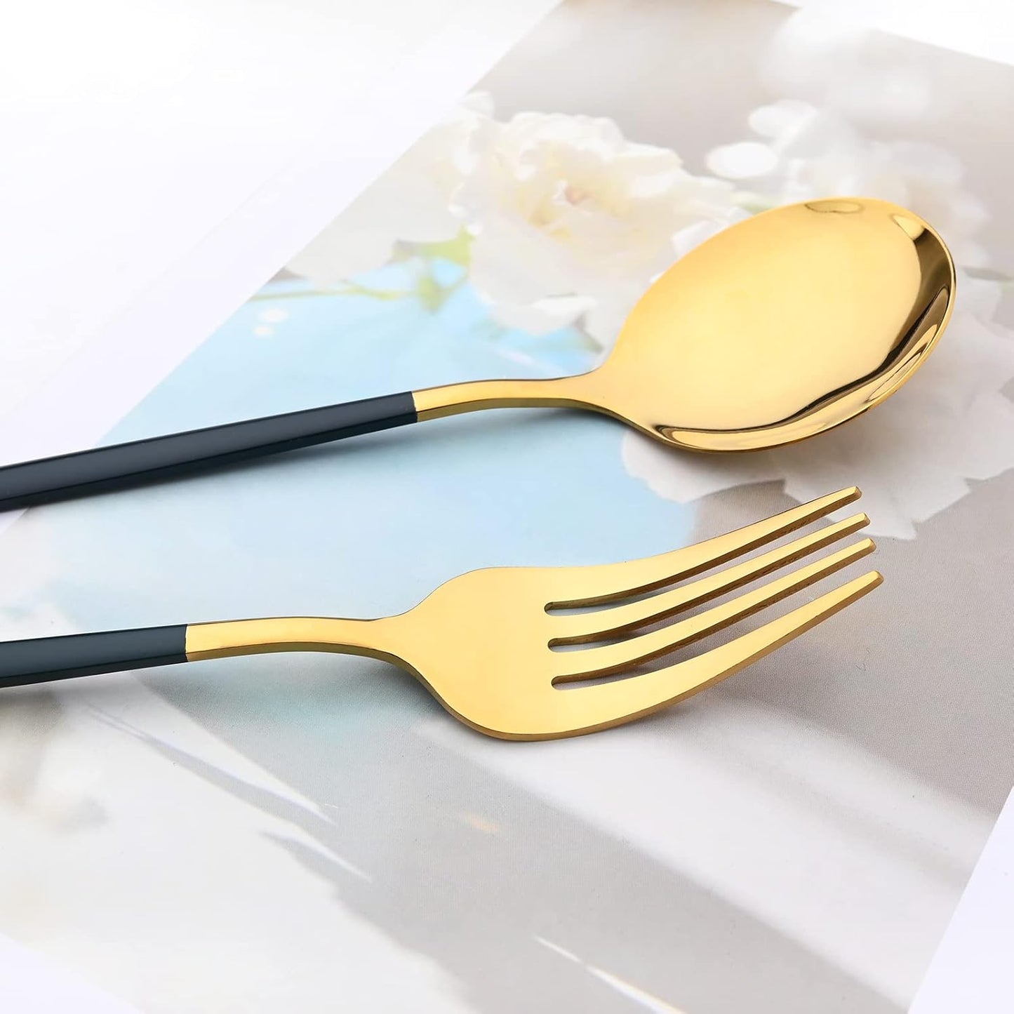 Mirror Cutlery Serving Set, 24-piece 18/0 Stainless Steel Silverware With Green Handle Simple & Modern Tableware For Home Party Restaurant Christmas Dinner, Service For 6 (Green Gold)