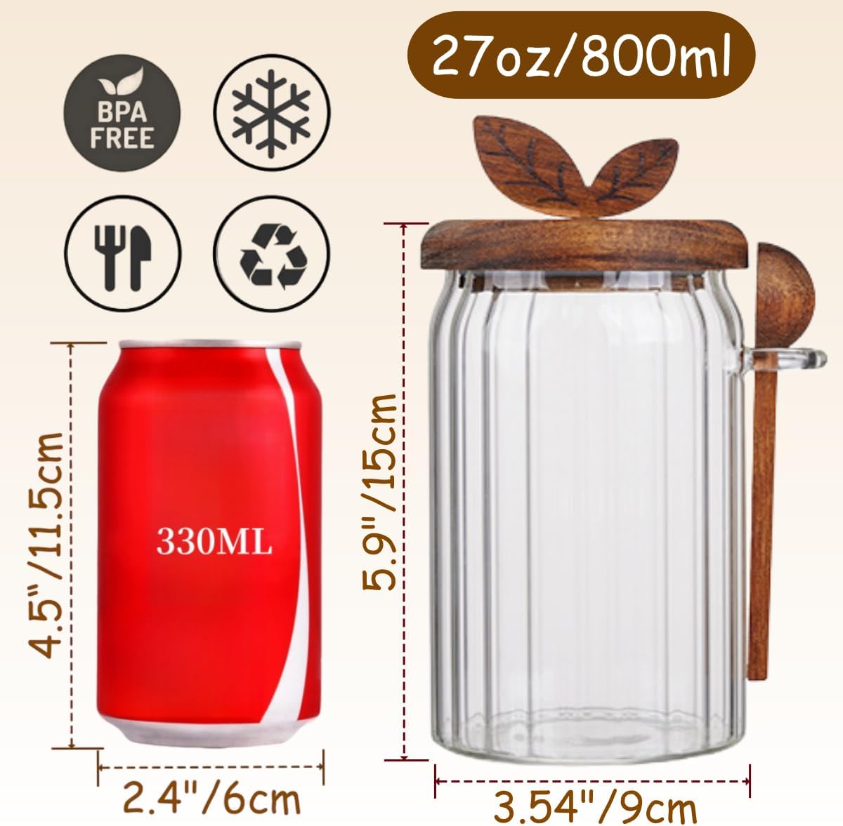 ANSQU 27oz Glass Jar with Wooden Lid and Spoon, 2 Pack Food Storage Containers Coffee Jar Coffee Grounds Container, Glass Food Storage Canister