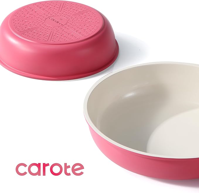 CAROTE 18Pcs Pots and Pans Set Non Stick, Nonstick Ceramic Cookware Set with Detachable Handle, Non Toxic Kitchen Cooking Sets, PFOA Free, Oven Safe, Stackable Induction Ready, Pink