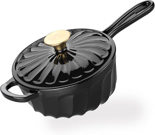 Enameled Cast Iron Sauce Pan, 2 Quart Enameled Saucepan with Lid, Mini Dutch Oven Enamel Saucepan for Cooking Pasta Sauce, Gravy, Puddings, Marinate, Boiling (Black)