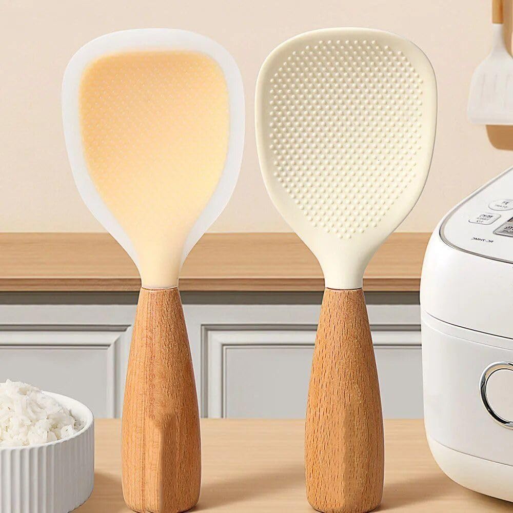 Standing Silicone Wooden Rice Paddle Kitchen Utensils Cooking Ladle Handle, Heat Resistant Rice Scooper, scalding Rice Scooper, Rice and Potato Servers, Serving Spoons，Kitchen Serving Utensil
