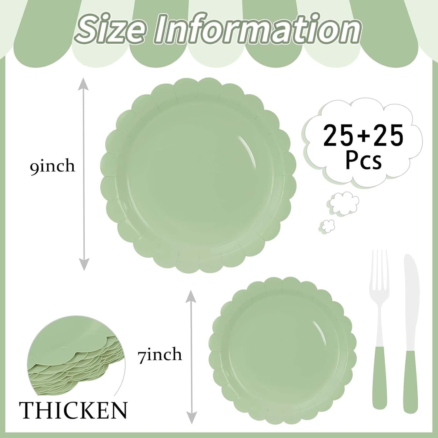 50 Pcs Sage Green Scalloped Paper Plates 25 × 7'' and 25 × 9'' Disposable Sage Scalloped Dinner Plates for Wedding Baby Shower Birthday Party Disposable Dessert Plate