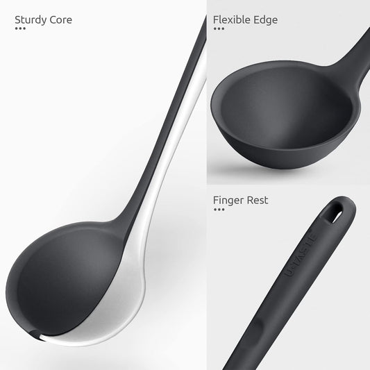 13 inch Silicone Soup Ladle: U-Taste 600ºF Heat Resistant 4 oz Large Non-stick Seamless Rubber Kitchen Deep Serving Spoon with Non Slip Solid Long Handle for Cooking Sauce/Stews/Gravies/Chili(Black)