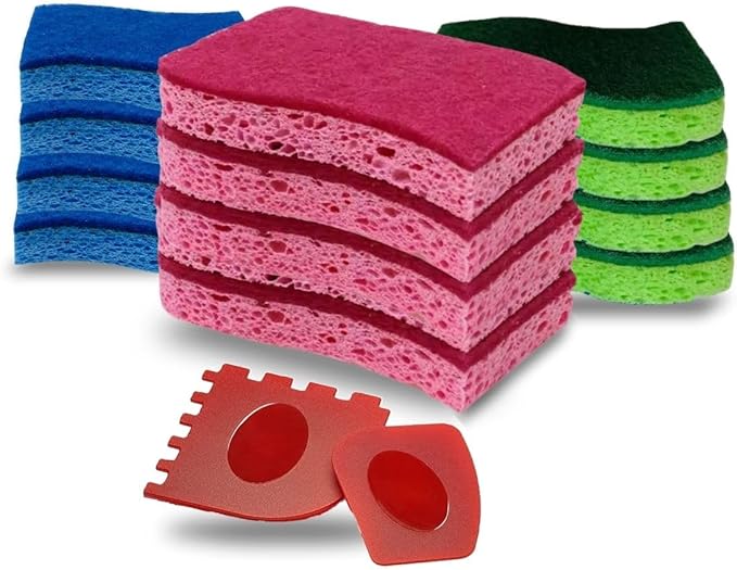 Non-Scratch Cellulose Scrub Sponges, Multipurpose ECO Friendly Plant Based Kitchen Cleaning Sponges, Dual-Sided, with Pan and Grill Scrappers, 12 Pack Blue, Green and Pink