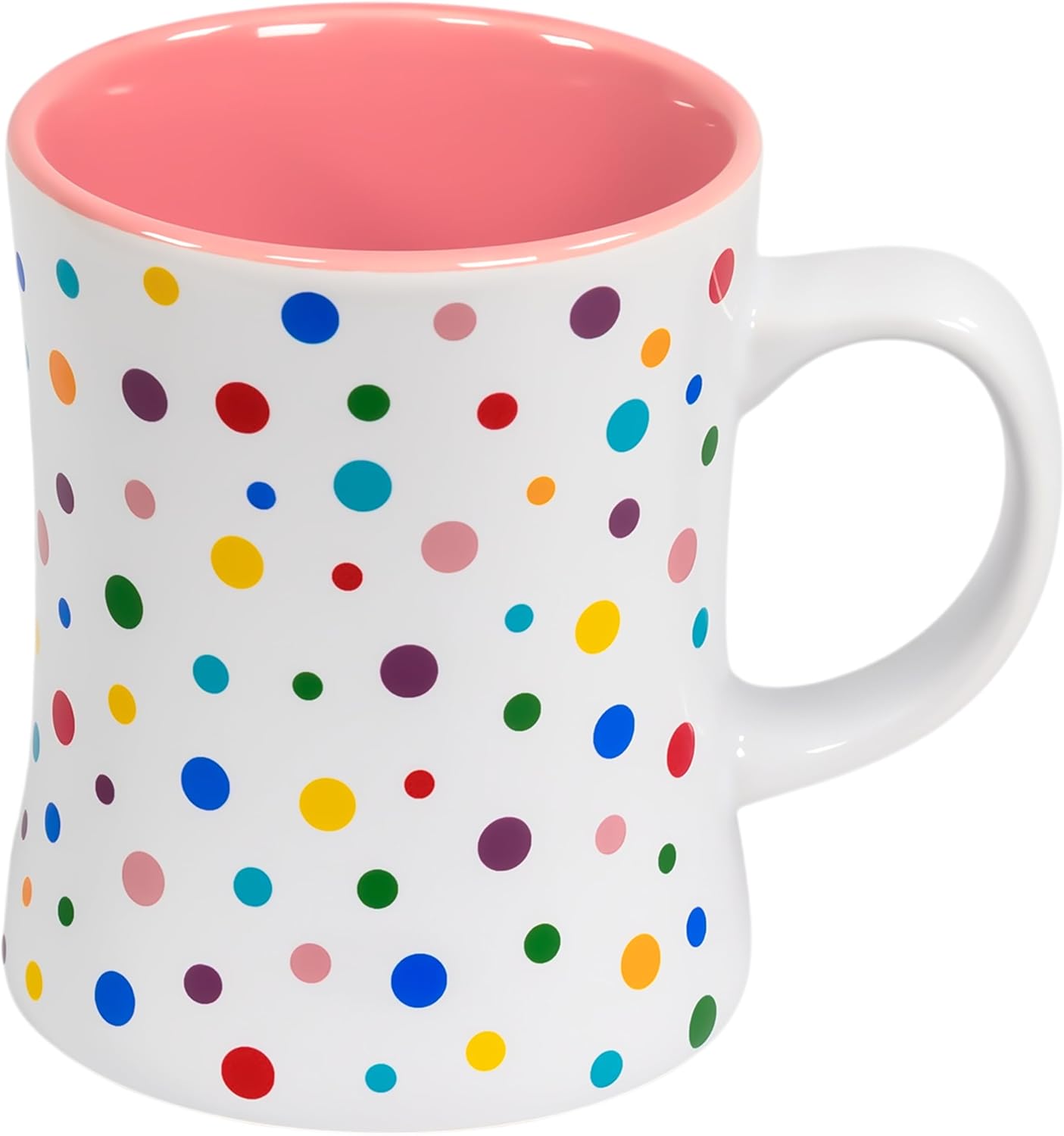Mug | Rose Pink Cute Coffee Mug with Confetti Polka Dot Rainbow Sprinkles | Birthday cake Coffee Cup Gift | Large White Ceramic Cup with Green, Yellow, Red, Pink, and Blue Sprinkles