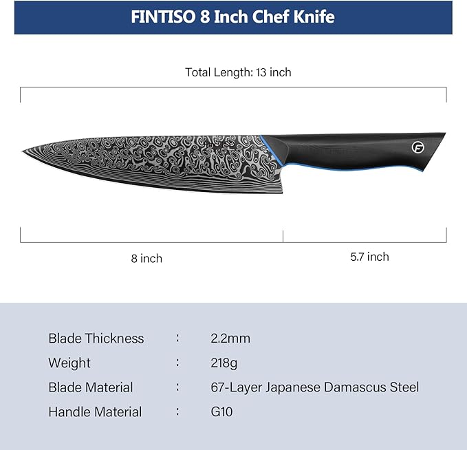 FINTISO Chef Knife 8 inch, 67-Layer Japanese Damascus Steel Kitchen Knife, Sharp Knife with G10 Handle, Professional Cooking Knives for Home and Kitchen