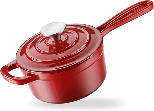 Enameled Cast Iron Sauce Pan, 1 Quart Enameled Saucepan with Lid, Mini Dutch Oven Enamel Saucepan for Cooking Pasta Sauce, Gravy, Puddings, Marinate, Boiling (Gradient Red)