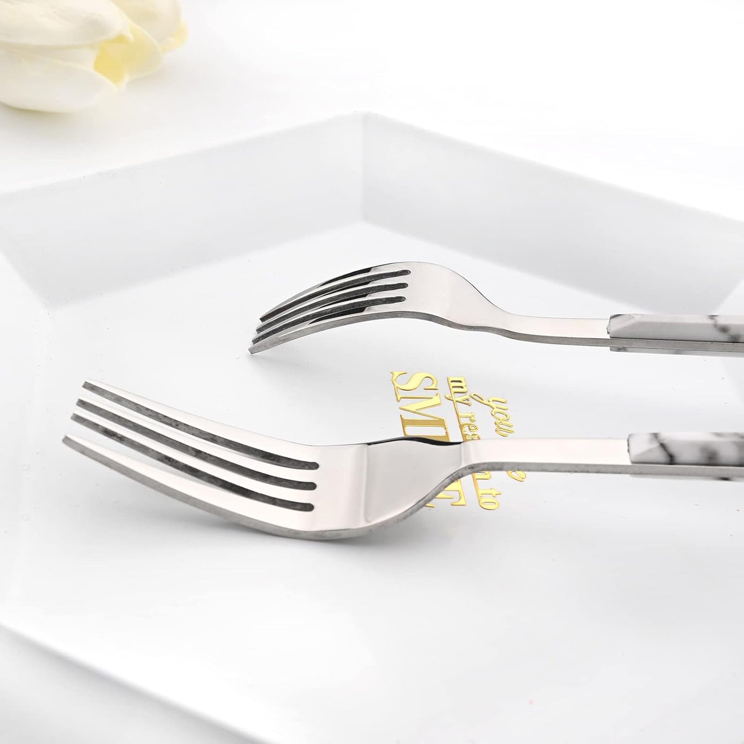20 Piece (4 Set) Silver Stainless Steel Tableware With White Marble Handle, Wedding Cutlery And Daily Use, Silverware For Home Restaurant Party, Mirror Finished