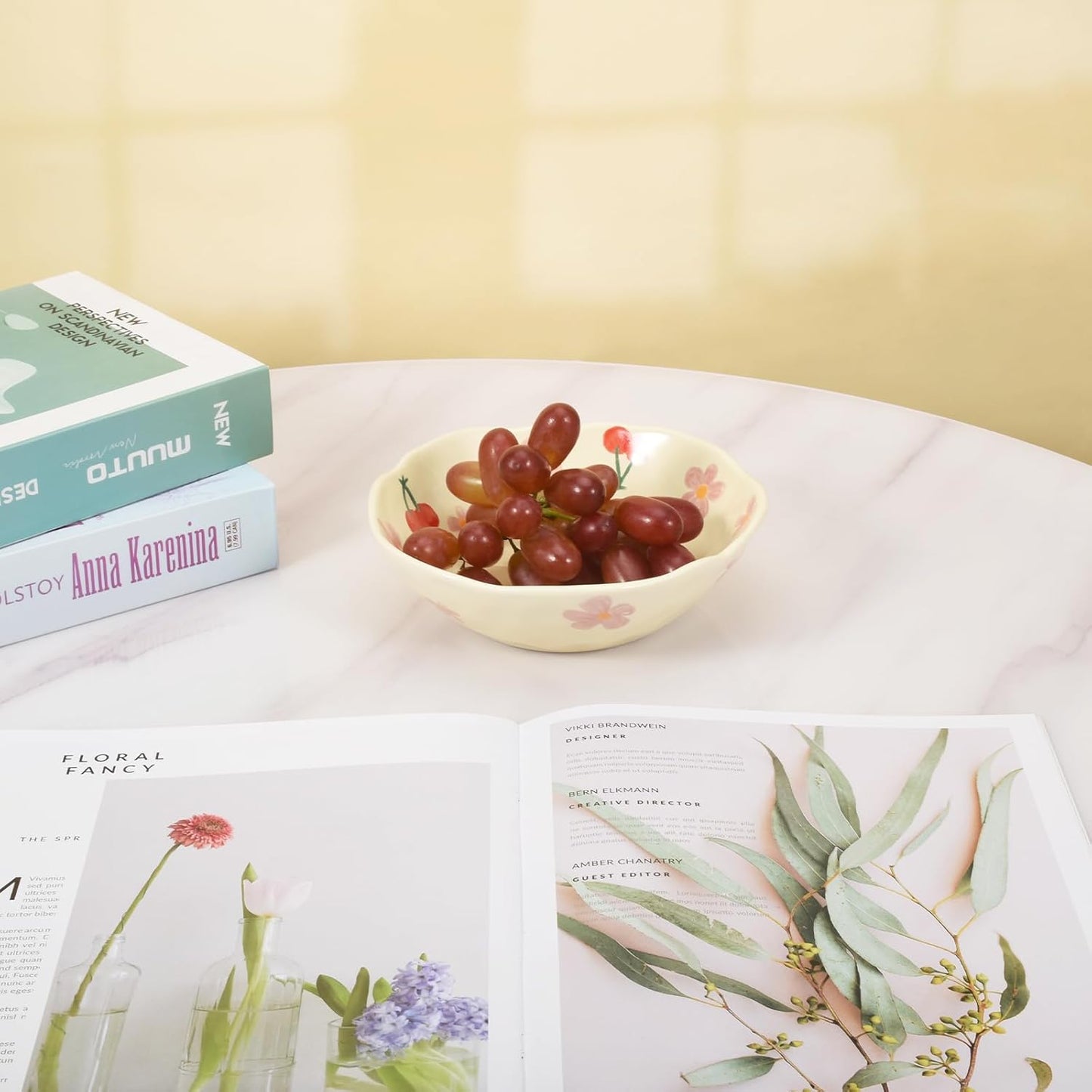 Koythin Salad Bowls, Cute Cherry Flower Ceramic Bowls, Cream Yellow Serving Bowl for Pasta, Cereal, Fruit, Soup, Rice, Dishwasher and Microwave Safe (Cherry Set of 1)