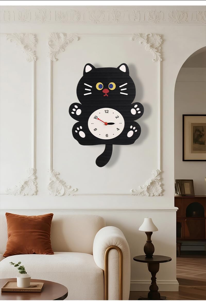FASHION in THE CITY Cute Cat Pattern Tail Swing Wall Clock - Pendulum Design for Kids' Room, Living Room, Bedroom - Decorative & Quiet Analog Clock for Home Decoration(YBZ001-Black)