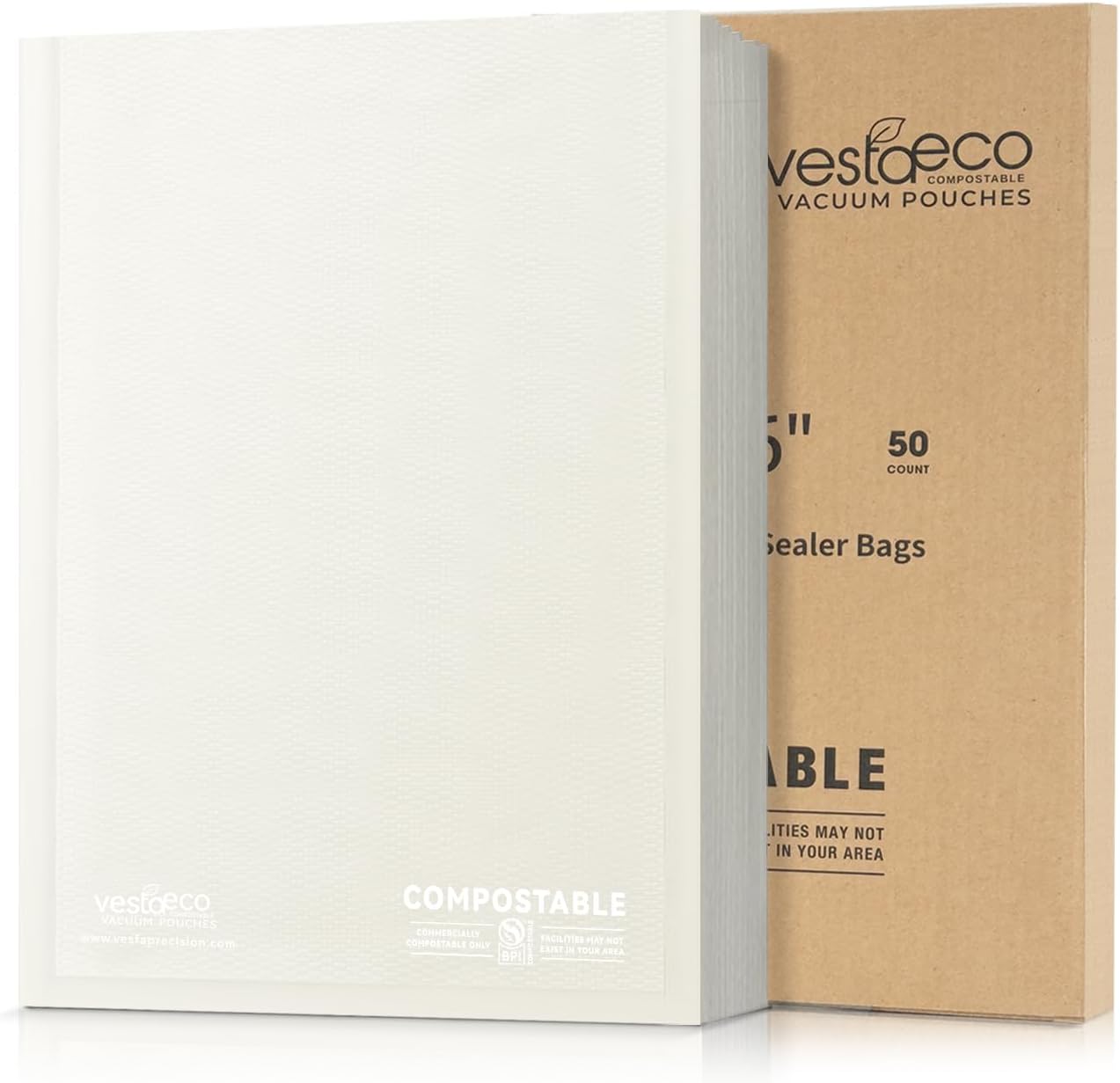 VestaEco Compostable Vacuum Sealer Bags, 11" x 16" 50 Count, Eco-Friendly, Heavy-Duty Food Storage Bags, BPA-Free, for Storage, Meal Prep or Sous Vide