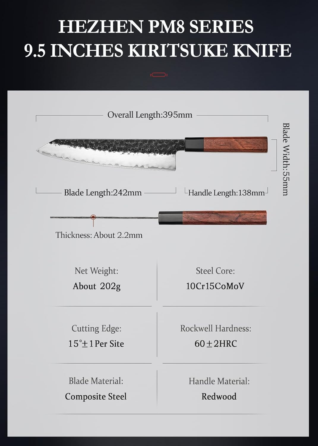 HEZHEN Kiritsuke Knife,9.5 Inches,3 Layers High Carbon Clad Steel Japanese Knife, Professionl Professional Japanese Kitchen Knife, Redwood Octagonal Handle