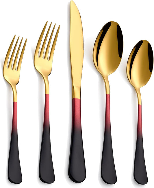 20-Piece Black Red Gold Silverware Set, 18/0 Stainless Steel Colorful Handle Flatware Set,Service for 4,Modern Cutlery Set Includes Dinner Knives Forks Spoons,Mirror Polished,Dishwasher Safe
