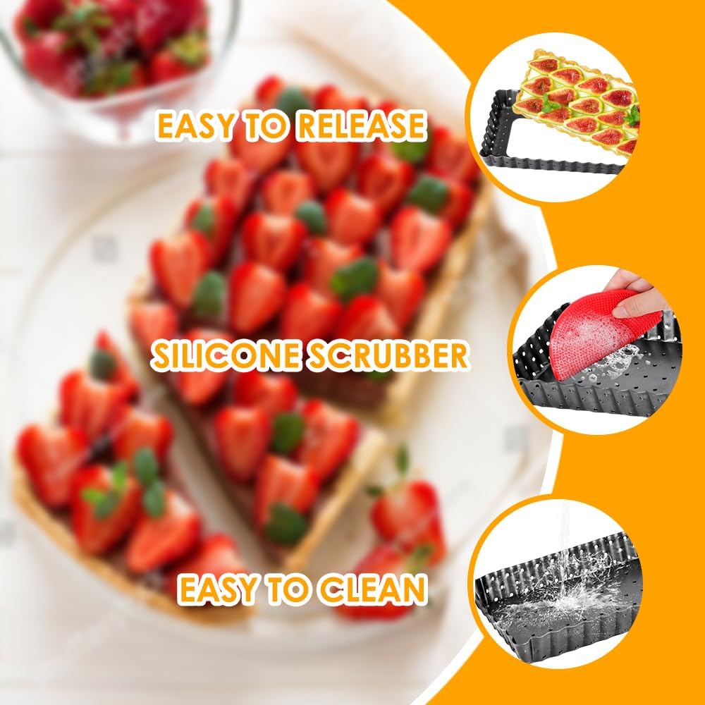 Rectangle Tart Pan with Removable Bottom, 14 Inch Perforated Tart Quiche Pan Nonstick Pie Pan with Oil & Dish Brush, Baking Tray with Loose Bottom for Fluted Pies, Quiche,Tart