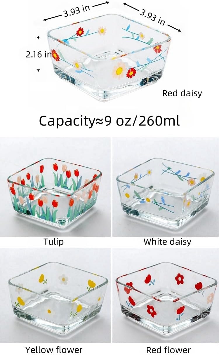 9 OZ Small Flower Candy Dish Floral Candy Bowl Cute Square Daisy Glass Bowl for Dessert,Snack,Fruit,Icecream,Yogurt,Dipping,Prep,Clear Serving Bowl,set of 2