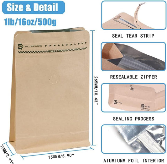 REMTAP Coffee Bags with Valve High Barrier Aluminumed Foil Flat Bottom Standing Coffee Beans Storage Bags,Reusable Heat Sealable Side Zipper Pouches (8oz/50pcs, Kraft)