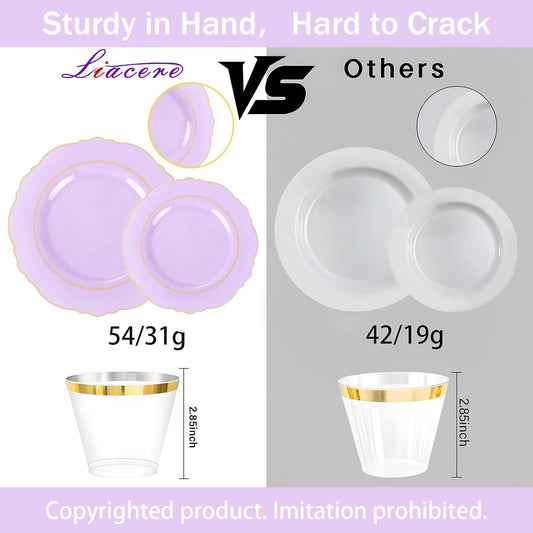 Liacere 350PCS Purple Plastic Plates - Disposable Light Purple and Gold Plates 50guest Baroque Plastic Dinnerware include 100Plates, 50Pack Pre Rolled Napkins with Silverware 50Cups for Mother's Day