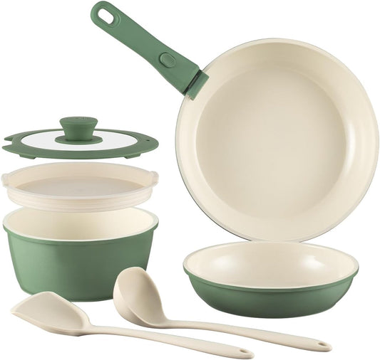 Ceramic Cookware Set Non Stick 8Pcs Pots and Pans Set Removable Handle Induction Kitchen Cookware Set with Frying Pans Oven Safe, Green