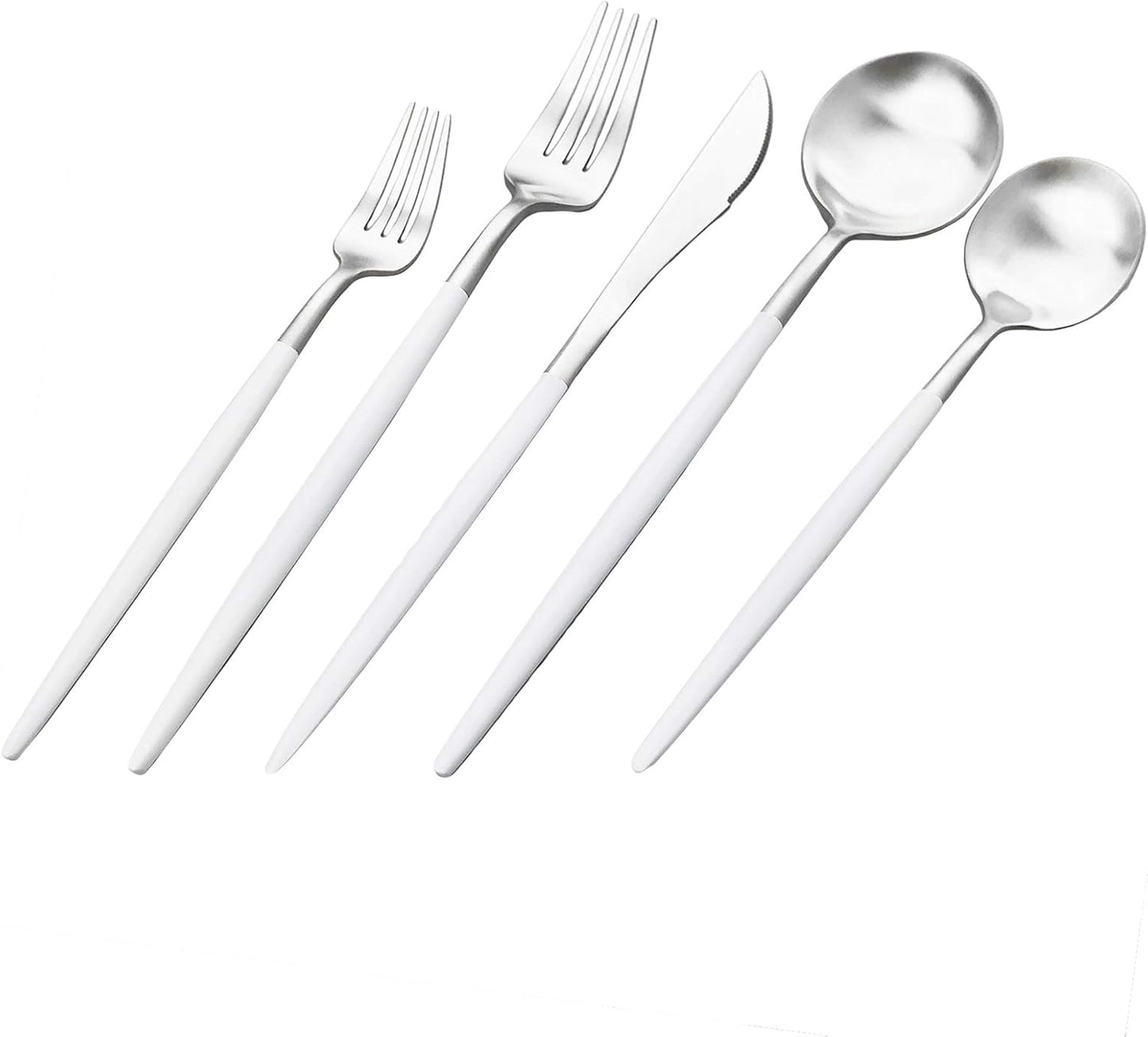 Gugrida White Silver Flatware, Royal 20-Piece Matte White Handle 18/10 Stainless Steel Tableware Sets for 4 Including Forks Spoons Knives, Camping Silverware Travel Utensils Set Cutlery (White Silver)