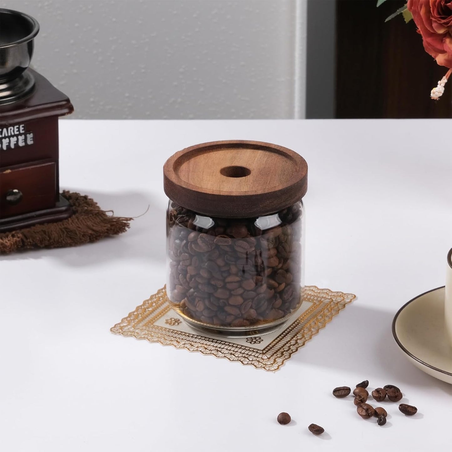 WHJY 15oz Glass Storage Containers with Wooden Lids Airtight Food Canister for Tea Sugar Dry Goods Clear Coffee Jars for Kitchen Pantry