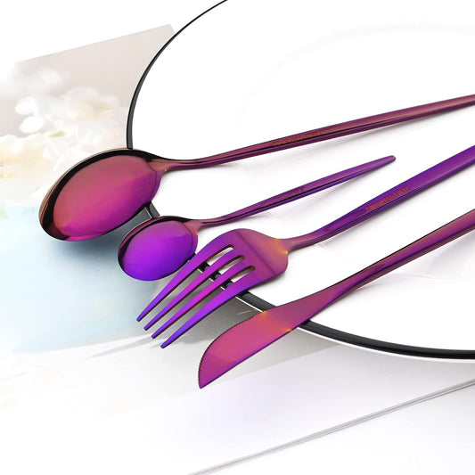 24-Piece Mirror Purple Polished Flatware, 18/0 Stainless Steel Dinnerware Set Include Knife Fork Spoon Teaspoon Cutlery Set For Home Restaurant and Party Service For 6, Dishwasher Safe