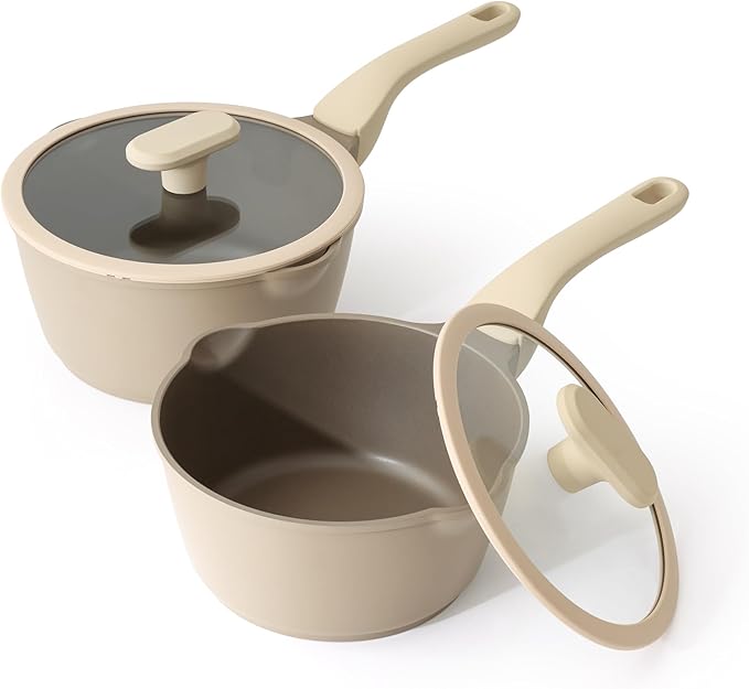 PRICUSIS Nonstick Saucepan Set with Lids, 2QT and 2.7QT Sauce Pan Set, Non Toxic Sauce Pots with Pour Spouts for Multipurpose Use, PFOA Free, Induction Compatible Apricot