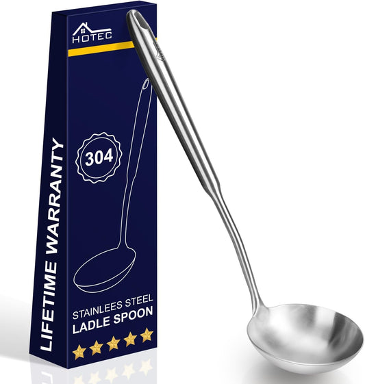HOTEC Stainless Steel Soup Ladle Spoon 13.7" – Kitchen Ladle for Cooking and Serving, One-Piece 304 Stainless Steel Serving Spoon for Soup, Stew, Gravy, Broth