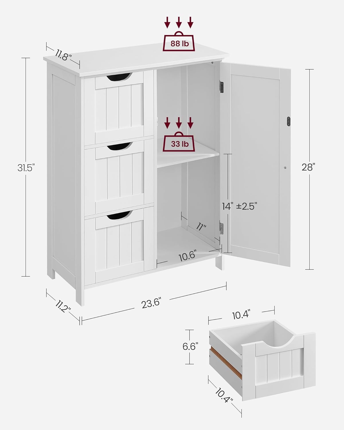 VASAGLE Floor Storage Cabinet, Freestanding Storage Unit with 3 Drawers, 1 Adjustable Shelf, for Bathroom Living Room Dining Kitchen, 11.8 x 23.6 x 31.5 Inches, White UBBC49WT