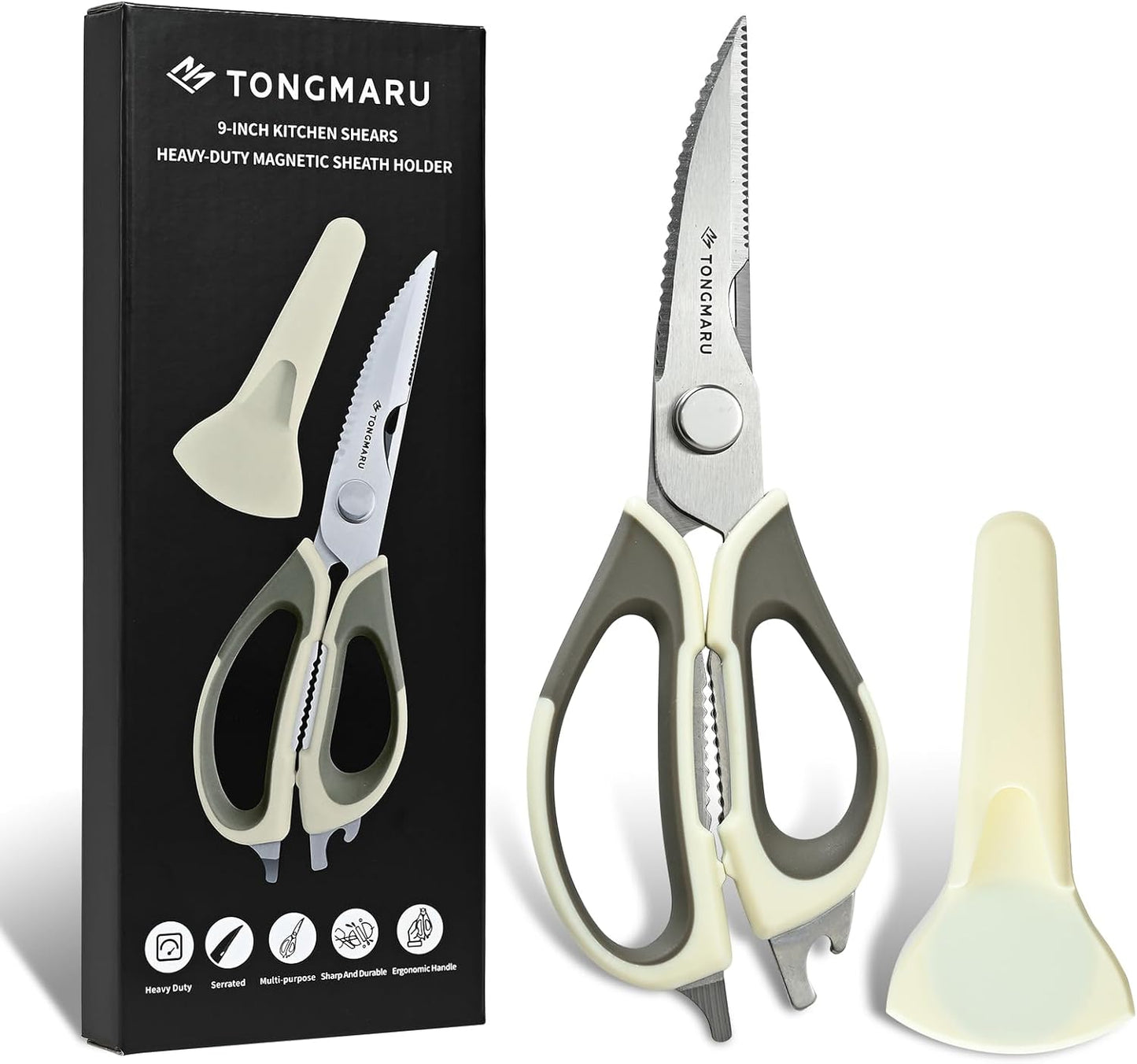 Kitchen Shears Heavy Duty Kitchen Scissors with Magnetic Sheath Holder, Dishwasher Safe Scissor, All Purpose 9-inch Scissors, Detachable, Serrated Blades, Bottle Opener function included (1 Pack)