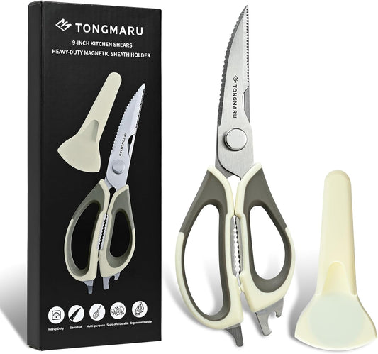 Kitchen Shears Heavy Duty Kitchen Scissors with Magnetic Sheath Holder, Dishwasher Safe Scissor, All Purpose 9-inch Scissors, Detachable, Serrated Blades, Bottle Opener function included (1 Pack)