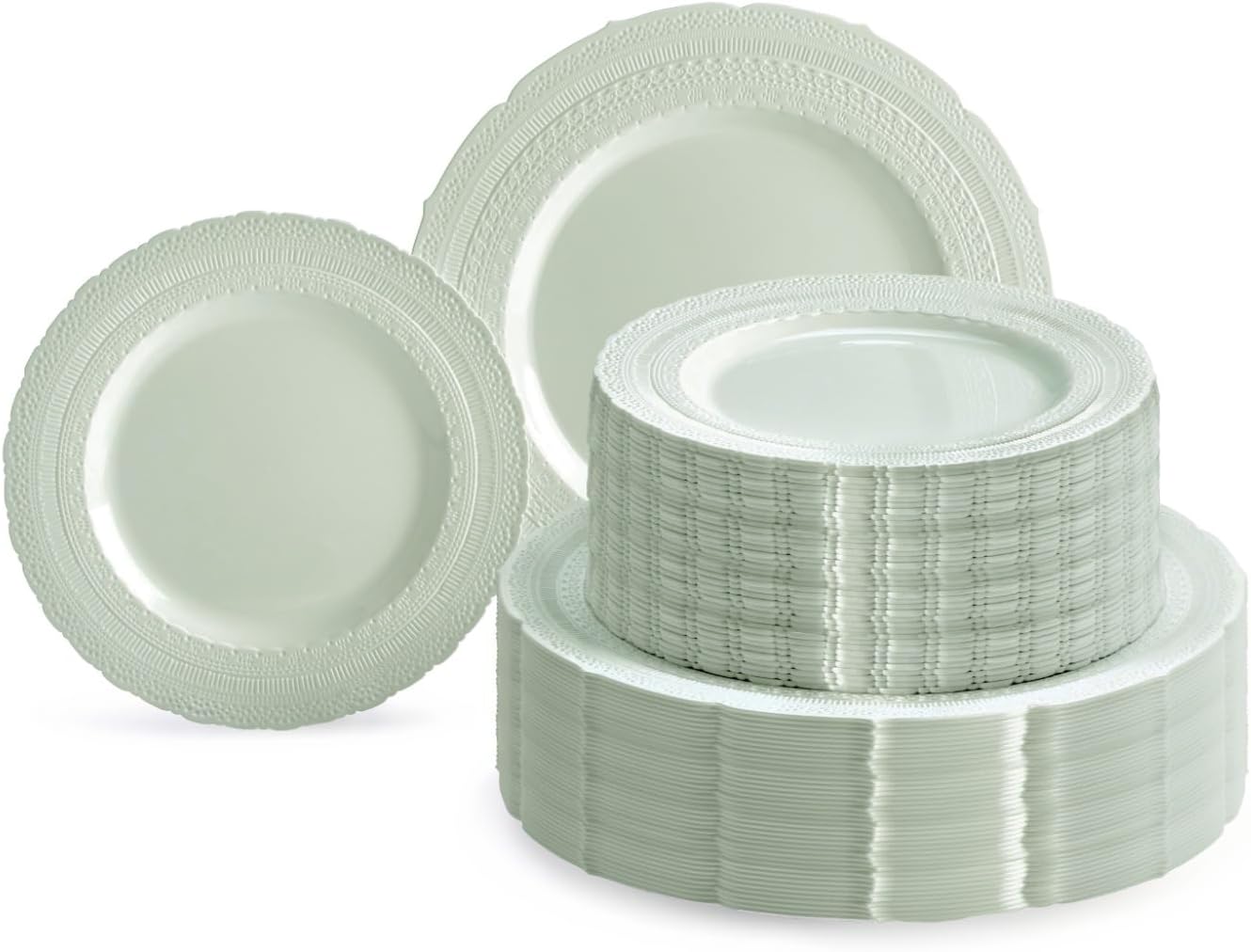 " OCCASIONS " 120 Plates Pack,(60 Guests) Extra Heavyweight Vintage Wedding Disposable/Reusable Plastic Plates 60 x 11'' Dinner + 60 x 8.25'' Salad/Dessert Plate (Chateau in Mint)
