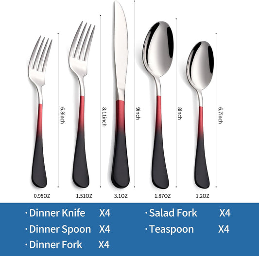 20-Piece Black Red Silverware Set, 18/0 Stainless Steel Colorful Handle Flatware Set,Service for 4,Modern Cutlery Set Includes Dinner Knives Forks Spoons,Mirror Polished,Dishwasher Safe