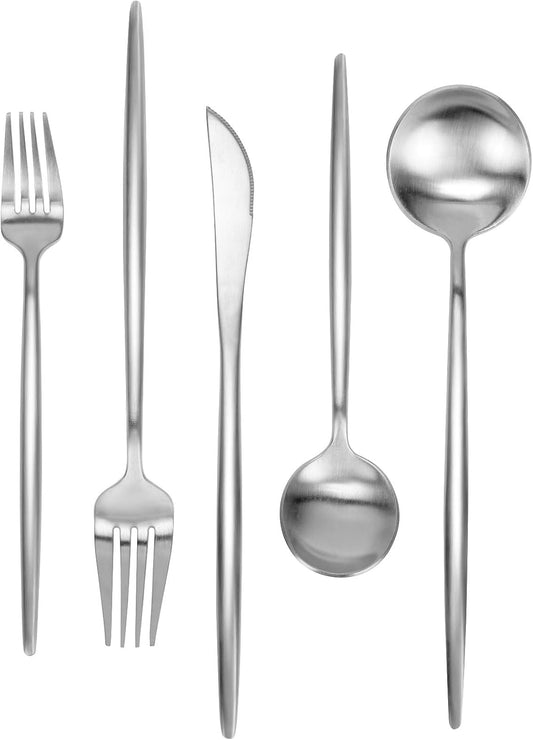 Matte Silverware Set 30 Pieces, FAMEWARE Stainless Steel Flatware Set，Service for 6，Kitchen Utensil Set, Tableware Cutlery Set, Satin Finished Polished & Dishwasher Safe
