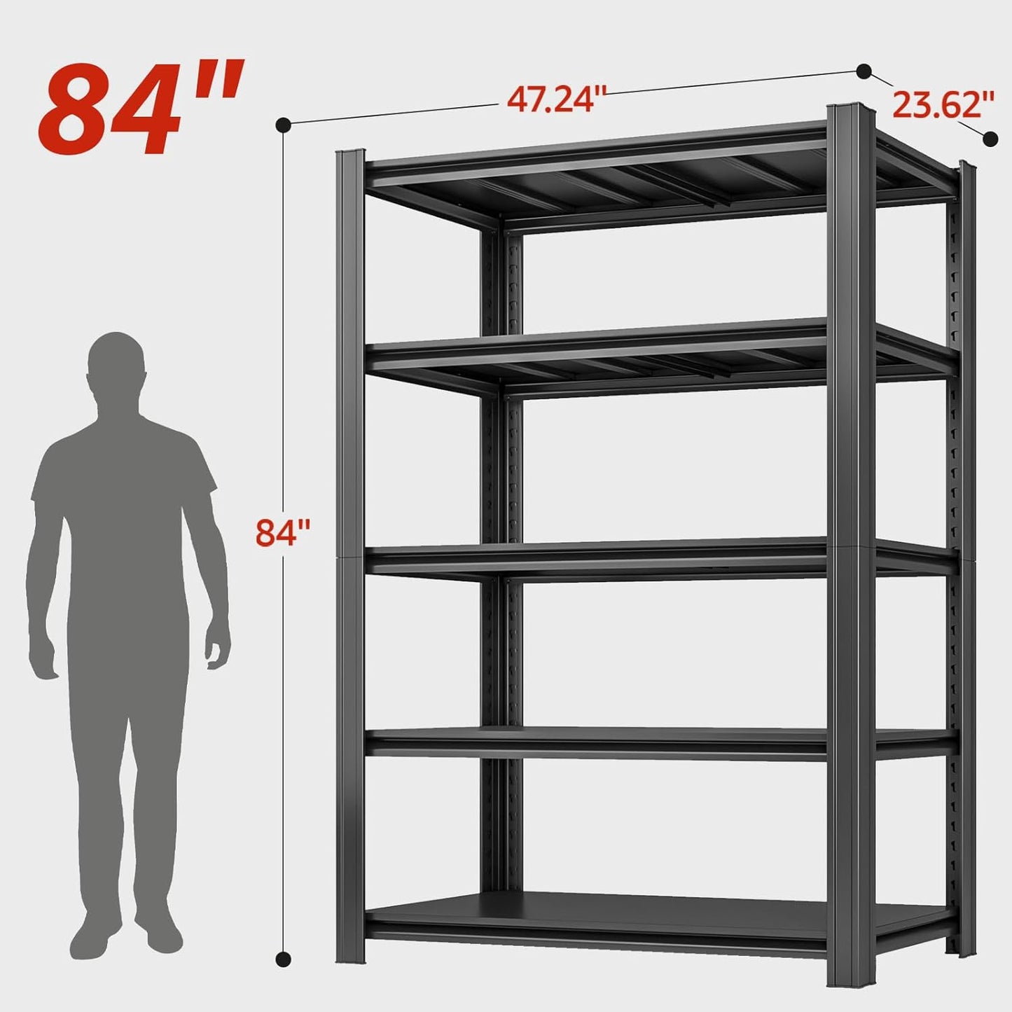 47.12" W Father&I 5-Shelf Industrial Adjustable Heavy-Dudy Tall Metal Steel Garage Storage Shelves Shelving Units/Rack System (Commercial) for Basement/Shop/Dorm, 83" H*47.12" W*23" D*, Black