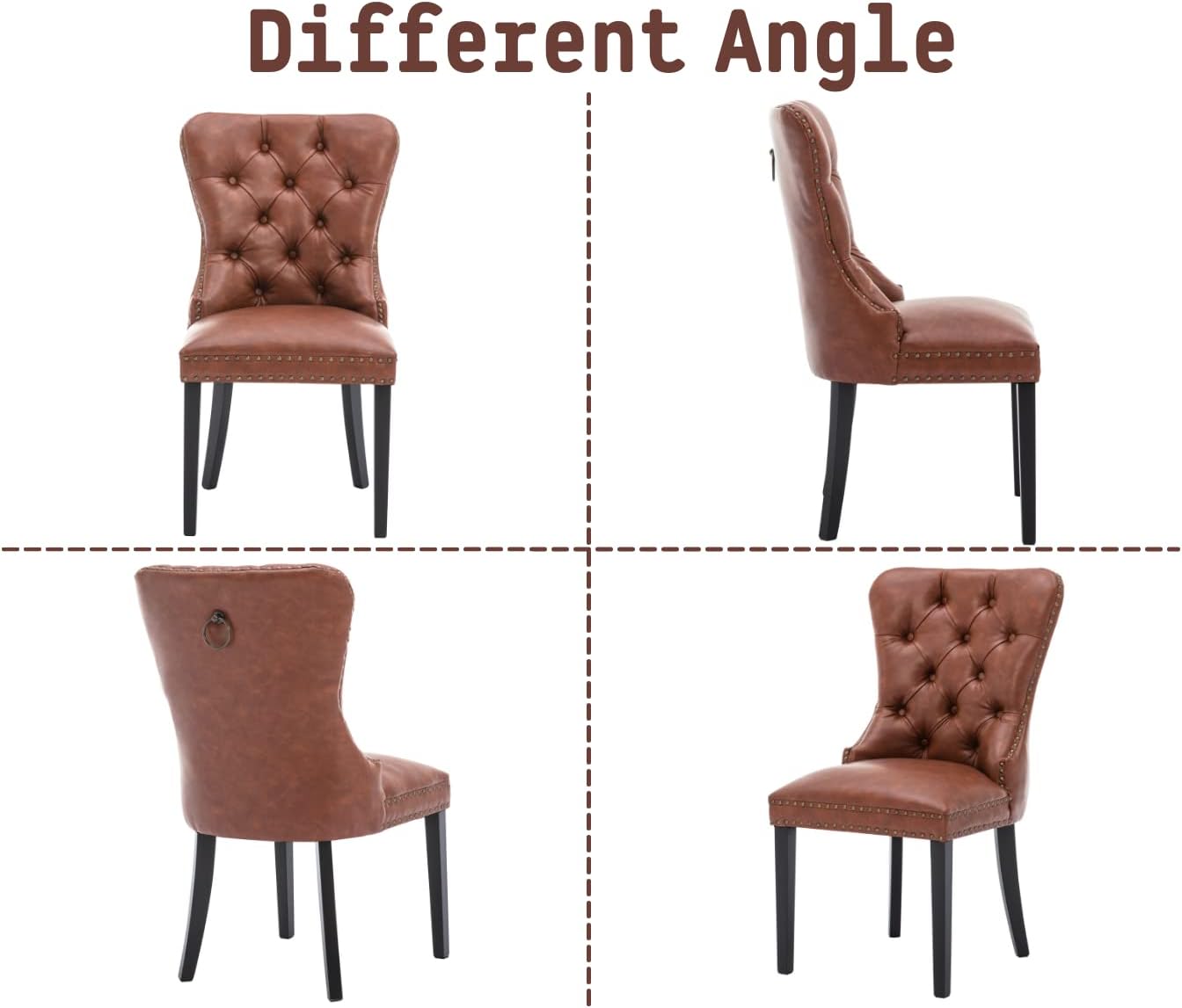 Brown Leather Dining Chairs Set of 2 Mid Century Modern Tufted Chairs Armless Rubber Wood Vintage Furniture Chairs Upholstered Nailhead PU Side Chair with Pull Ring for Kitchen/Cafe Decor