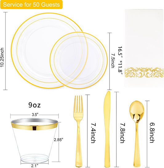 I00000 50 Guests Clear Gold Plastic Plates, Gold Disposable Dinnerware Set Includes: 100 Plastic Plates, 50 Silverware Set, 50 Disposable Cups, 50 Napkins Perfect for Party & Wedding