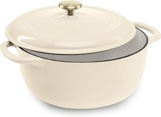 Best Choice Products 7.5 Quart Enamel Cast-Iron Round Dutch Oven, Family Style Heavy-Duty Pre-Seasoned Cookware for Home, Kitchen, Dining Room, Oven Safe w/Lid, Dual Handles - Vanilla Buttercream