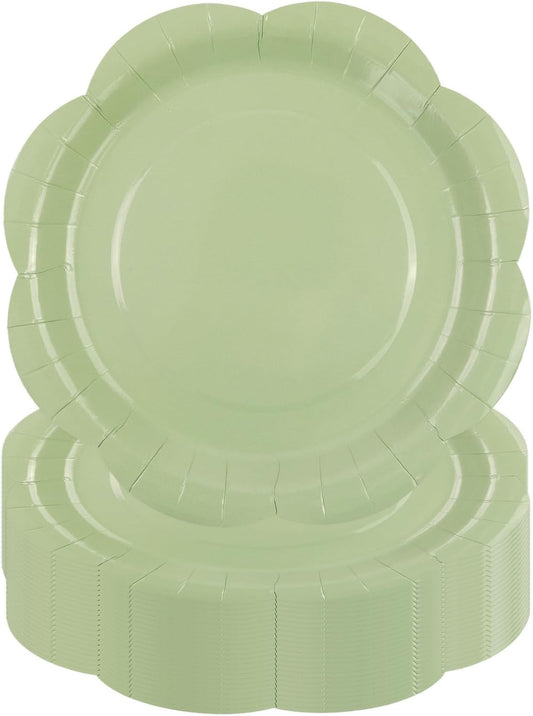 30 Pack Sage Green Paper Plates 9 Inch, Disposable Scalloped Plates Cake Dessert Plate for Dinner Baby Shower Wedding Bridal Shower Birthday Party Supplies (Sage Green, 9 inch)