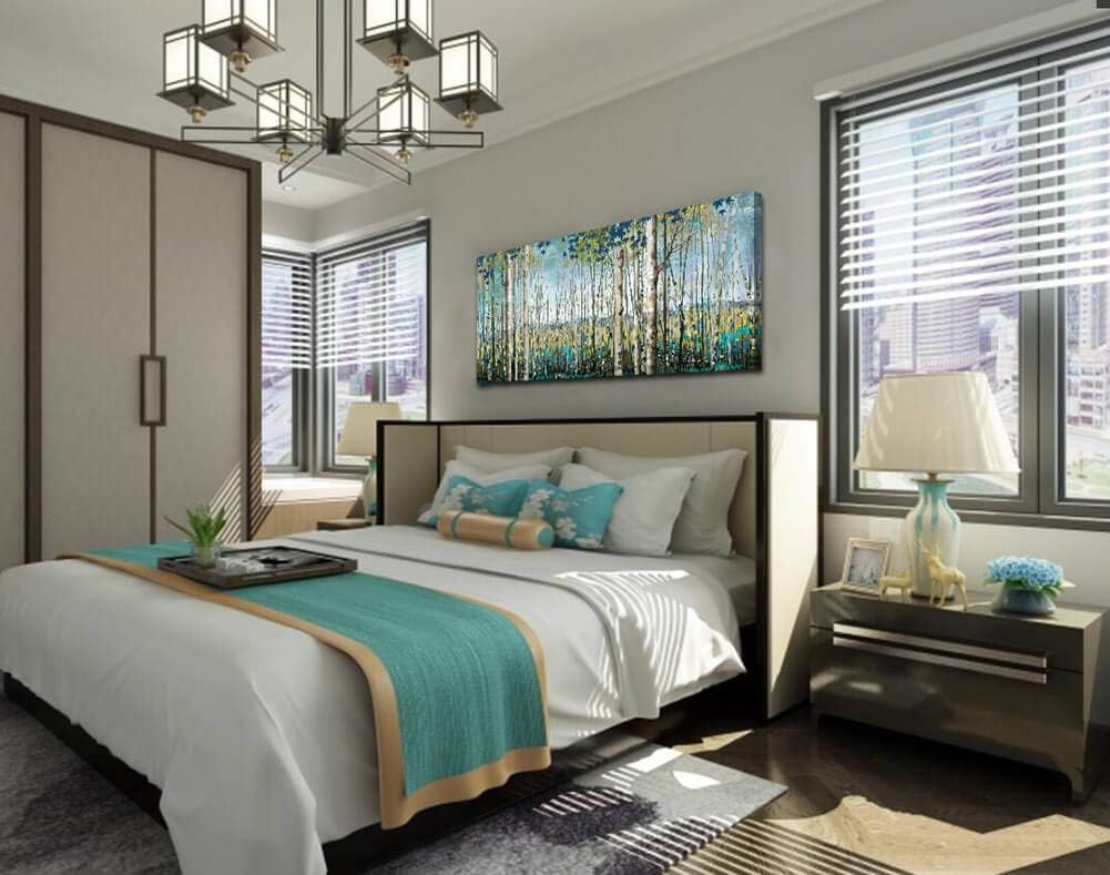 Pogusmavi Large Framed Birch Tree Canvas Wall Art Nature Painting for Home Decor | Teal Artwork for Living Room, Bedroom, and Office Pictures for Living Room 24×48IN