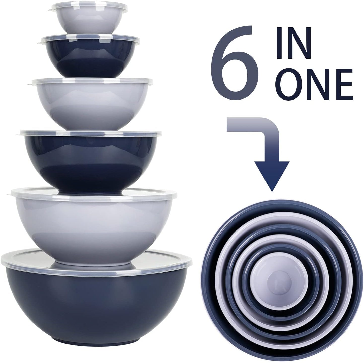 BoxedHome BPA Free Plastic Round Mixing Bowl with Lids, 12 Pack Nesting Bowls with Lids Set, Microwave and Dishwasher Safe Prep & Serving Bowls Great for Mixing, Baking, Serving (Haze Blue, 12pcs)