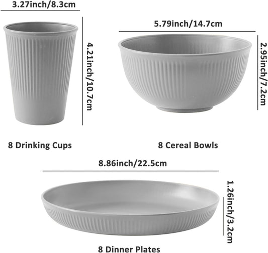 24pcs Wheat Straw Dinnerware Sets For 8, Unbreakable Plates and Bowls Wheat Straw Dinnerware Microwavable Cups Plates and Bowls Sets Shatterproof For Outdoor Kitchen Camping