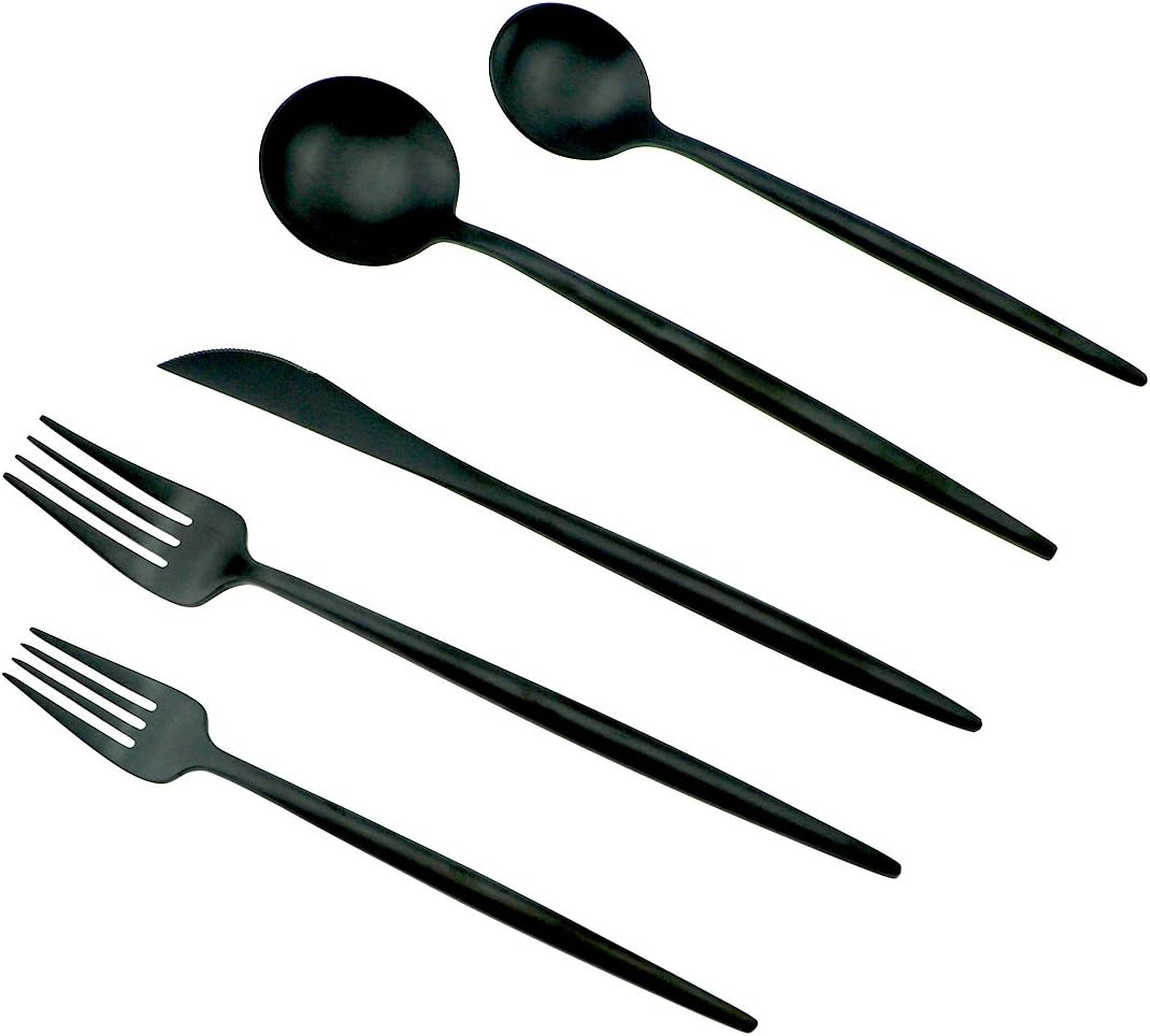 JASHII 18/10 Stainless Steel 5-Piece Matte Black Flatware Set,Dinner Knife Fork Salad Fork Dessert Spoon, Service for 1, Luxury Silverware Cutlery Utensil Sets