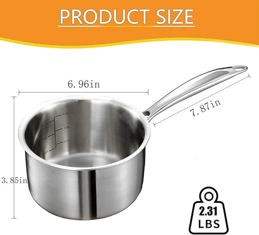 2 Quart Triple Stainless Steel Saucepan with Lid, Ramen Pot with Clear Glass Cover, Small Sauce Pan for Cooking Oatmeal, Induction-Ready, Dishwasher-Safe, Suitable for All Stoves